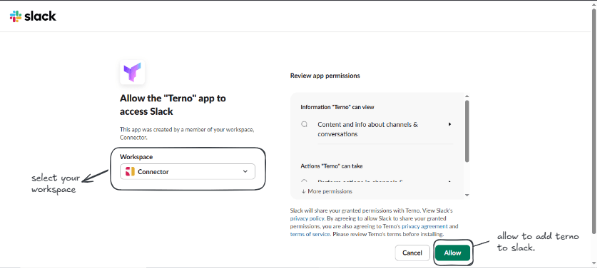 Slack authorization screen for allowing the Terno app to access a workspace