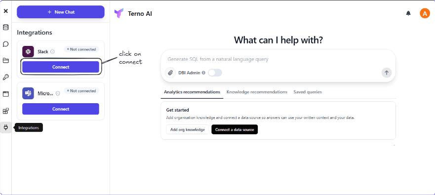 Terno AI Integrations panel showing the Connect button for the Slack integration