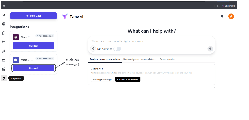 Terno AI Integrations panel showing the Connect button for the Microsoft Teams integration