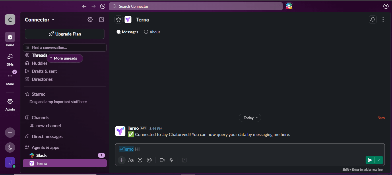 Slack message confirming a successful connection between Terno AI and a Slack workspace