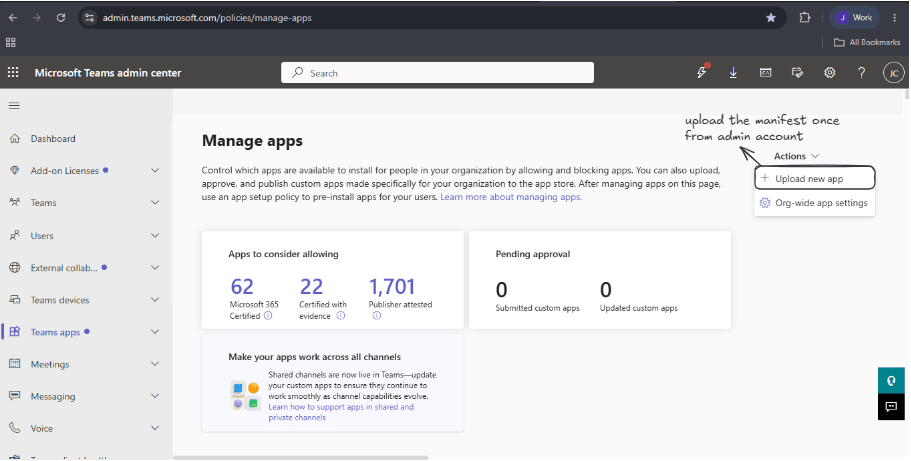Microsoft Teams Admin Center Manage apps page showing the Upload new app option for the Terno manifest