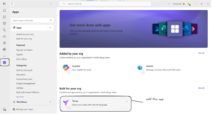 Microsoft Teams App Store showing the Terno app under Built for your org with the Add option