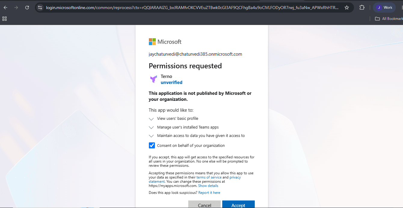 Microsoft permissions requested screen for accepting Terno app access to a Teams account