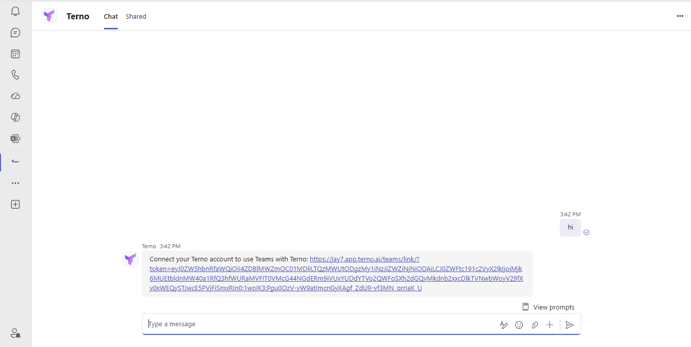 Microsoft Teams chat showing Terno's reply with a link to connect the user's Teams account