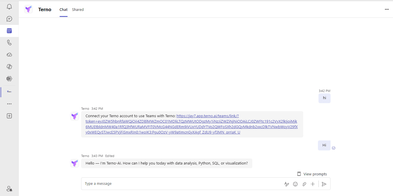 Microsoft Teams chat showing Terno AI responding to a user's message with data analysis help
