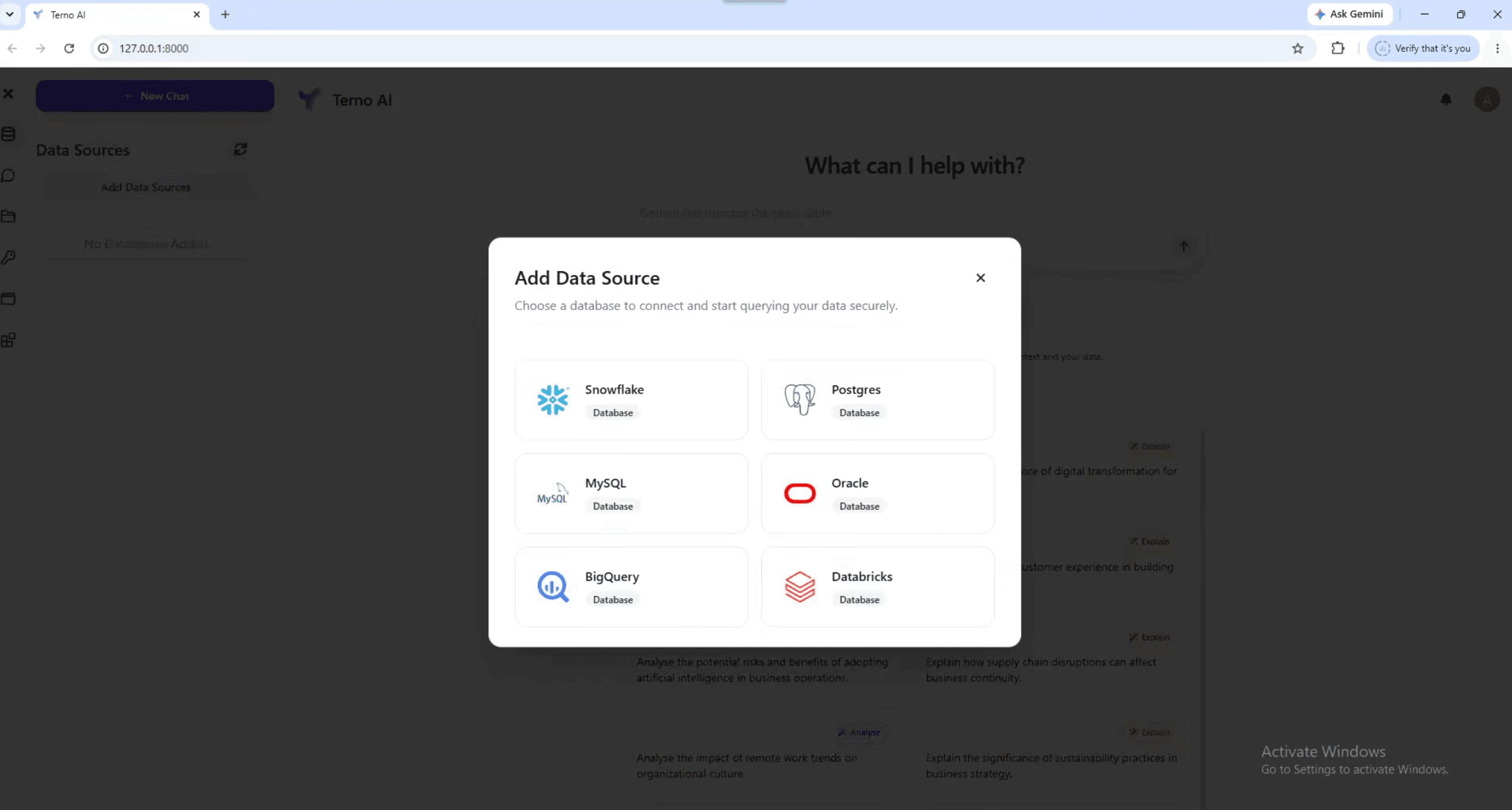 Terno AI Add Data Source dialog