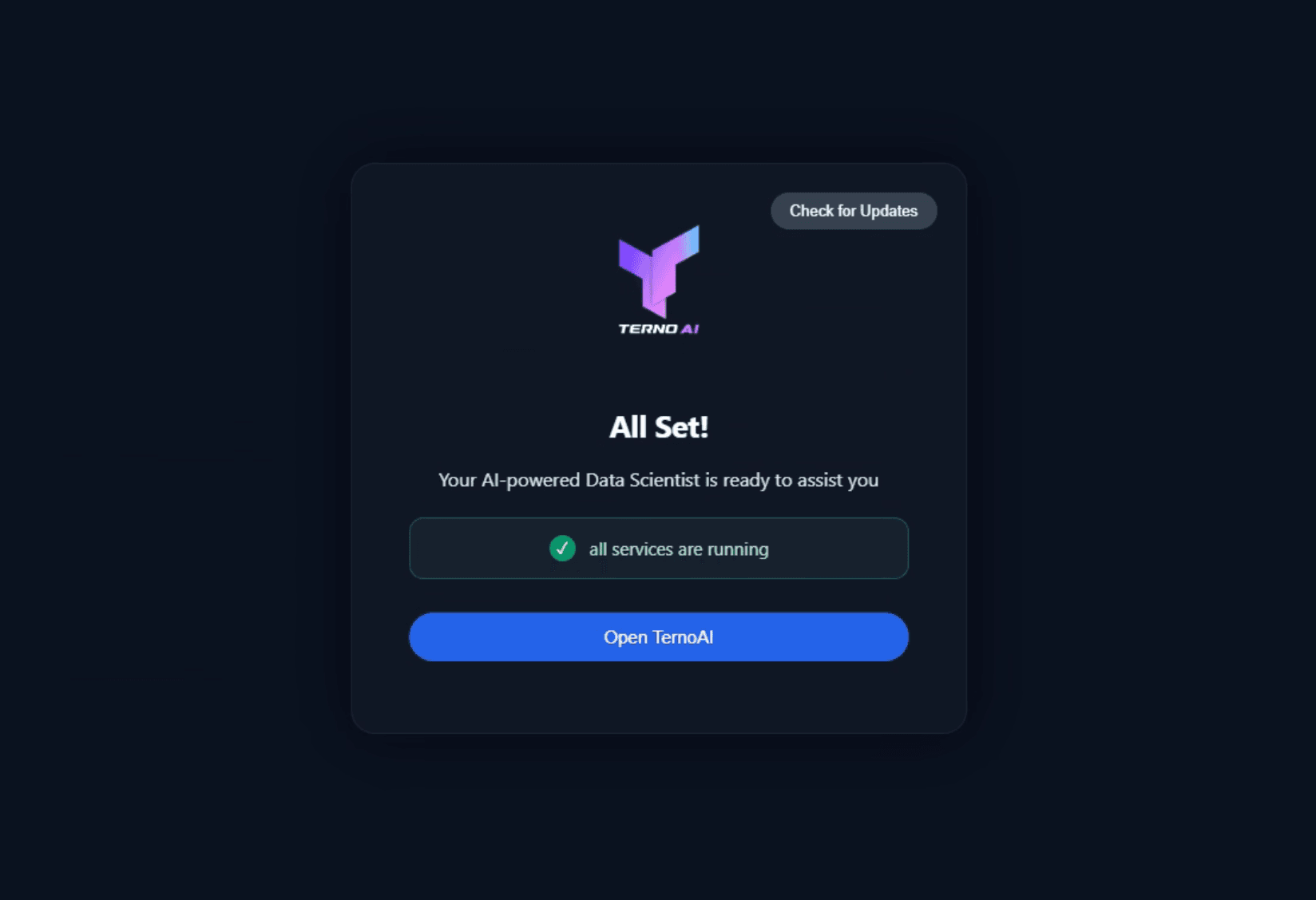 Terno AI desktop app ready screen