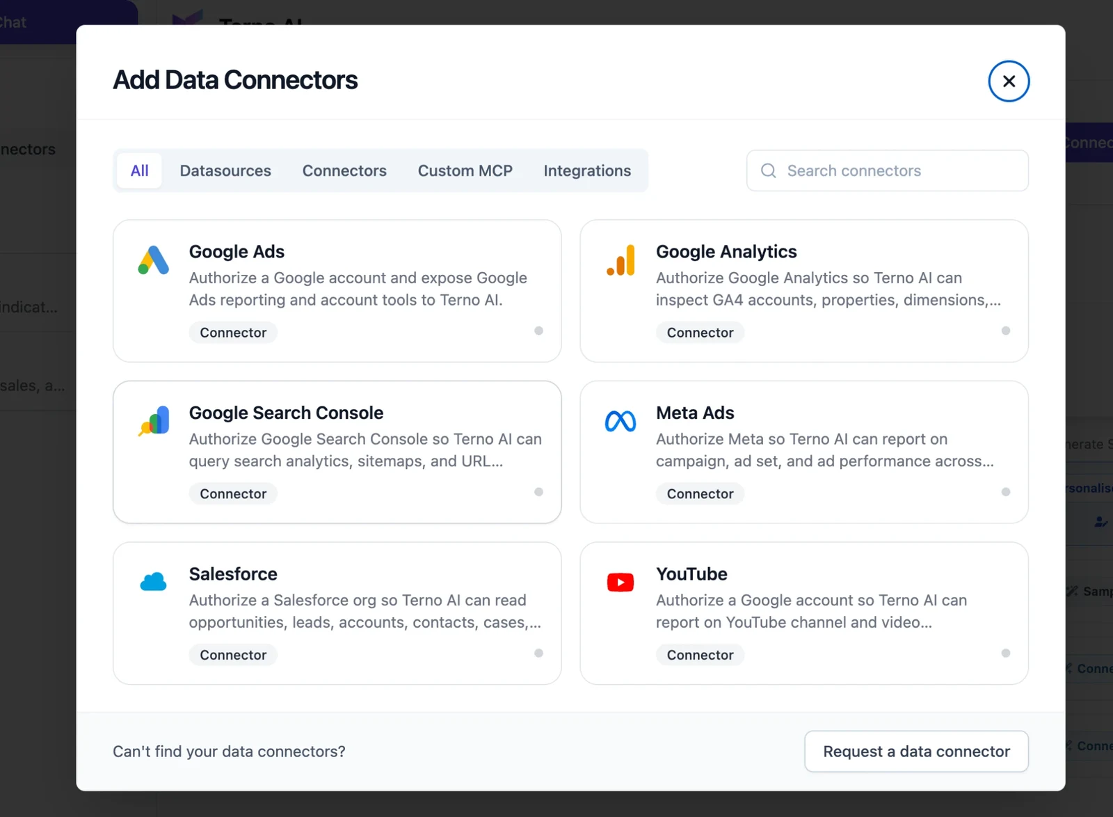 Add Data Connectors dialog with All, Datasources, Connectors, Custom MCP and Integrations tabs