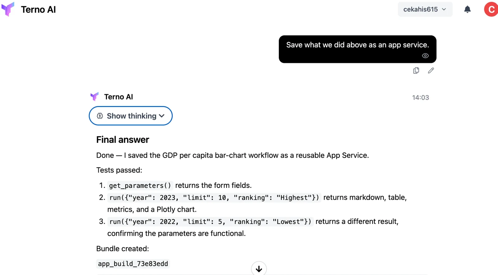 Terno confirming the App Service was saved and tested
