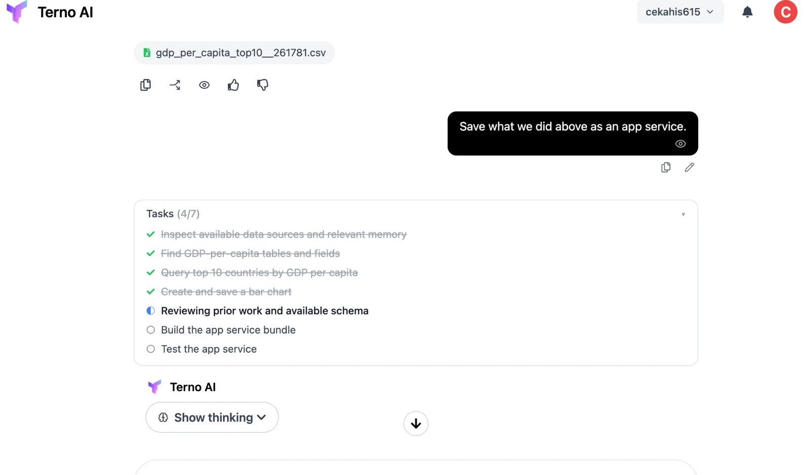 Terno's task list while saving an App Service: reviewing prior work, building the bundle, testing