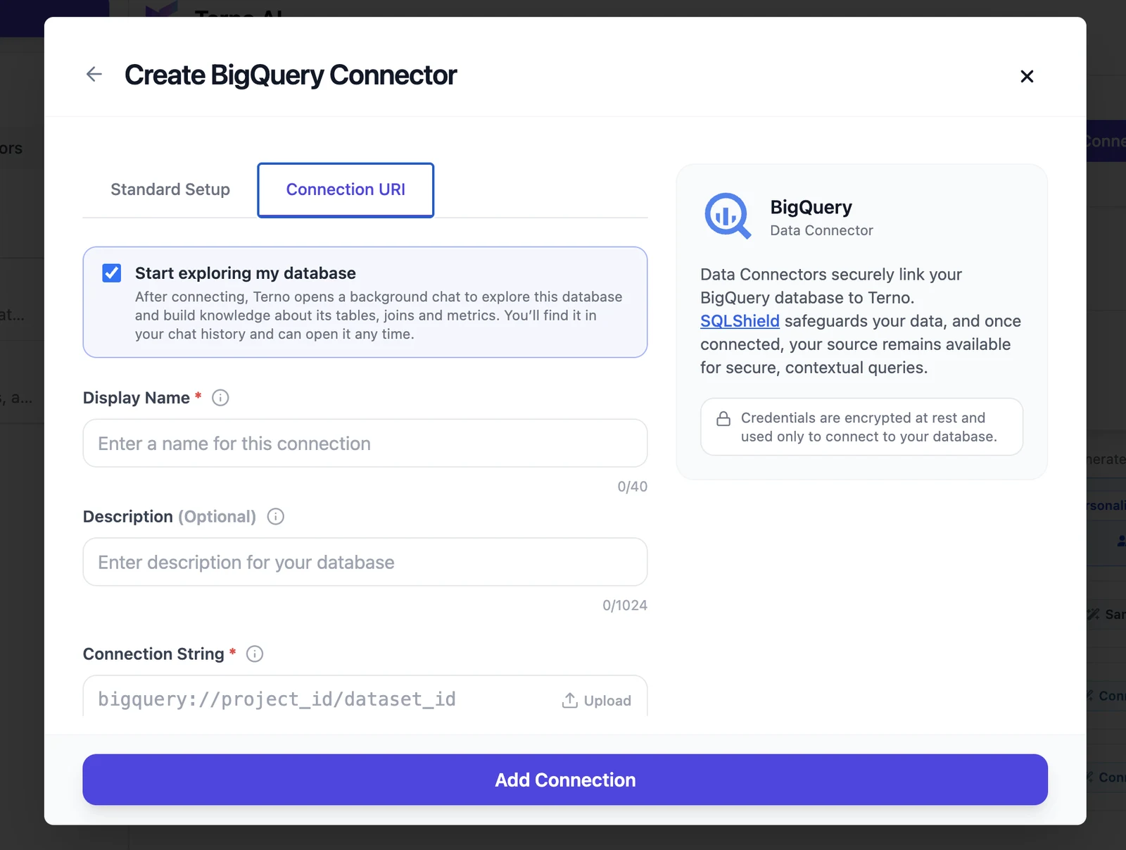 Create BigQuery Connector form, Connection URI tab