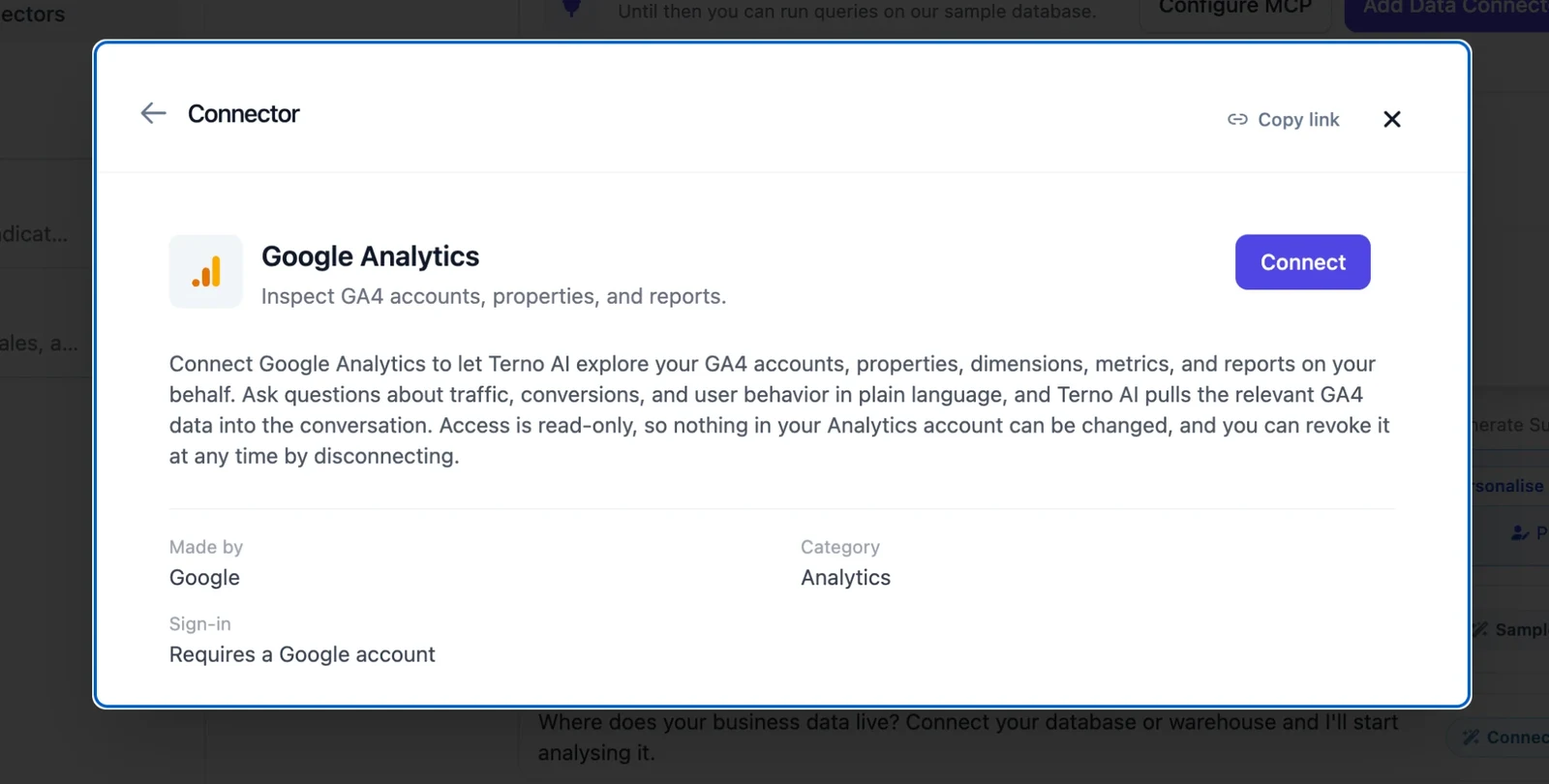 Google Analytics connector details with the Connect button