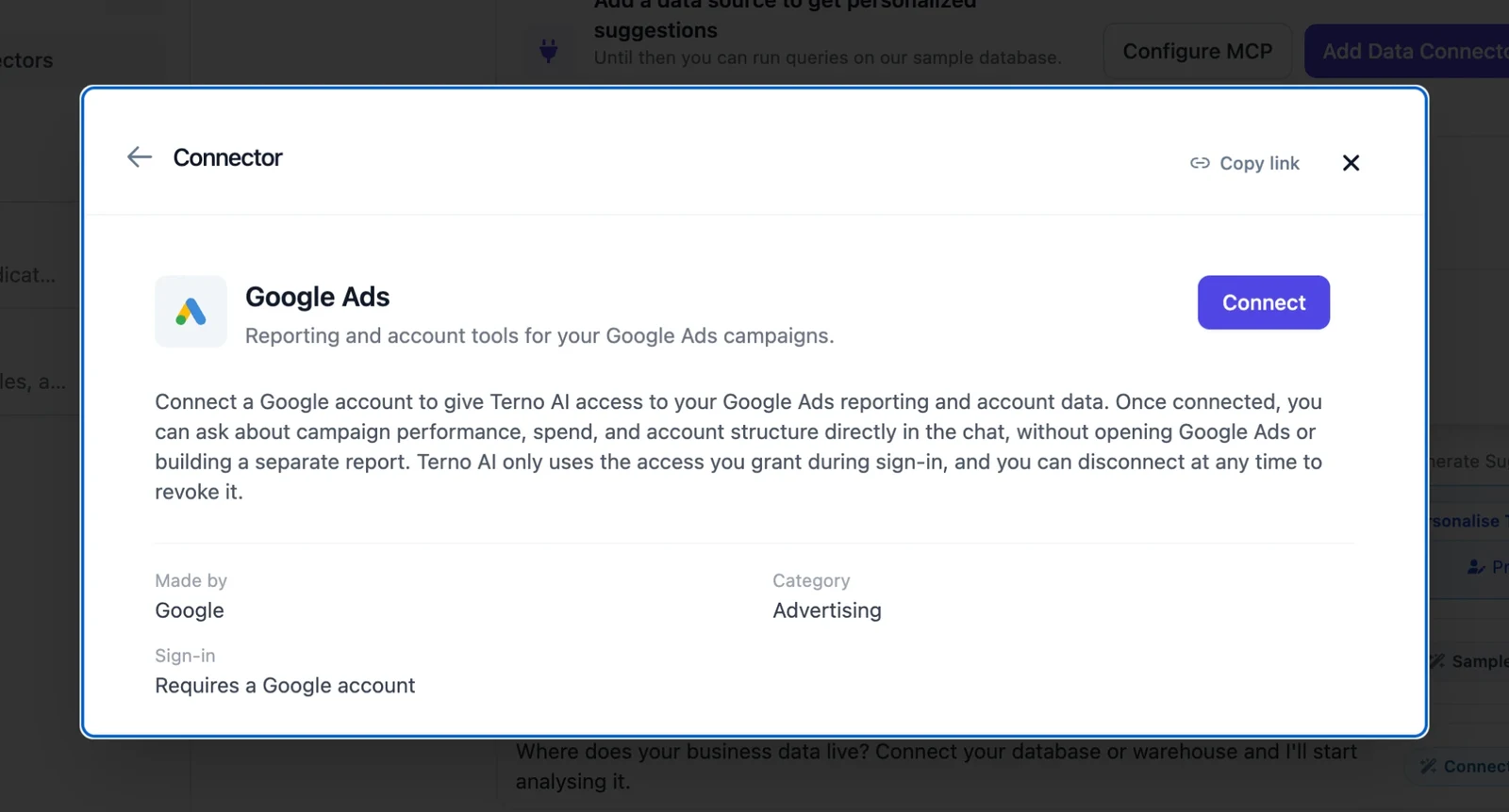 Google Ads connector details with the Connect button