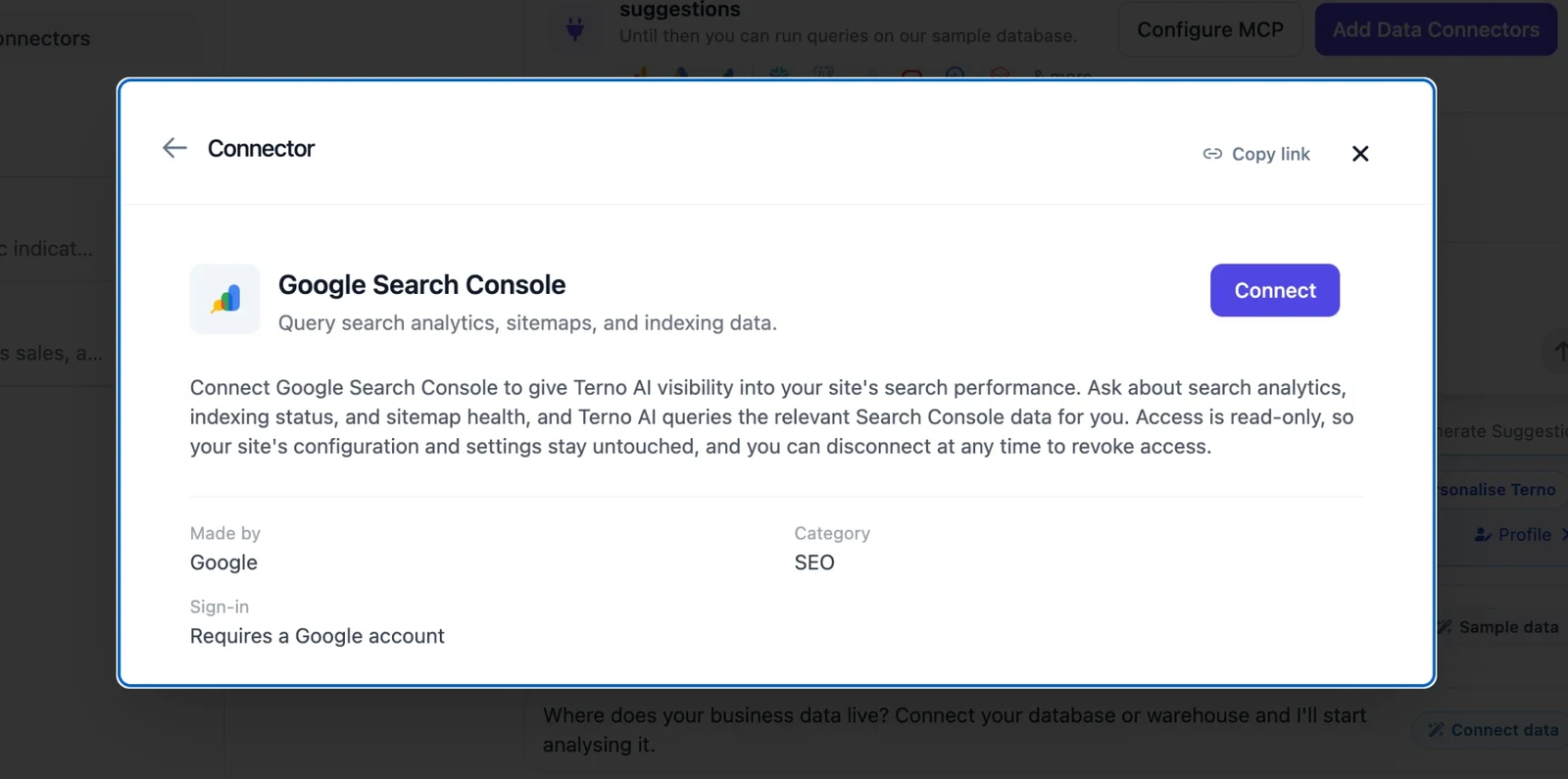 Google Search Console connector details with the Connect button