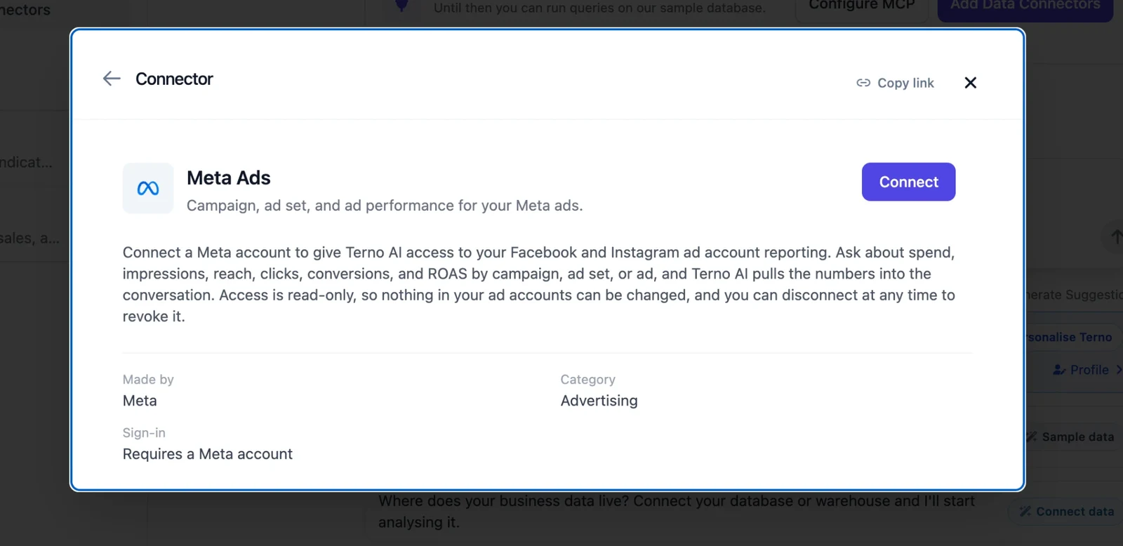 Meta Ads connector details with the Connect button