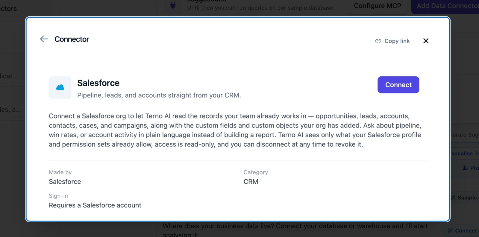 Salesforce connector details with the Connect button