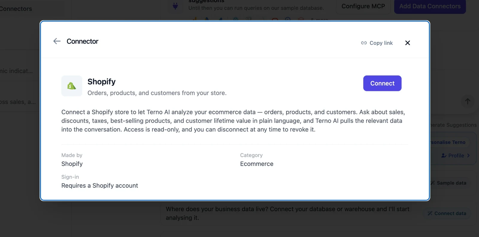 Shopify connector details with the Connect button