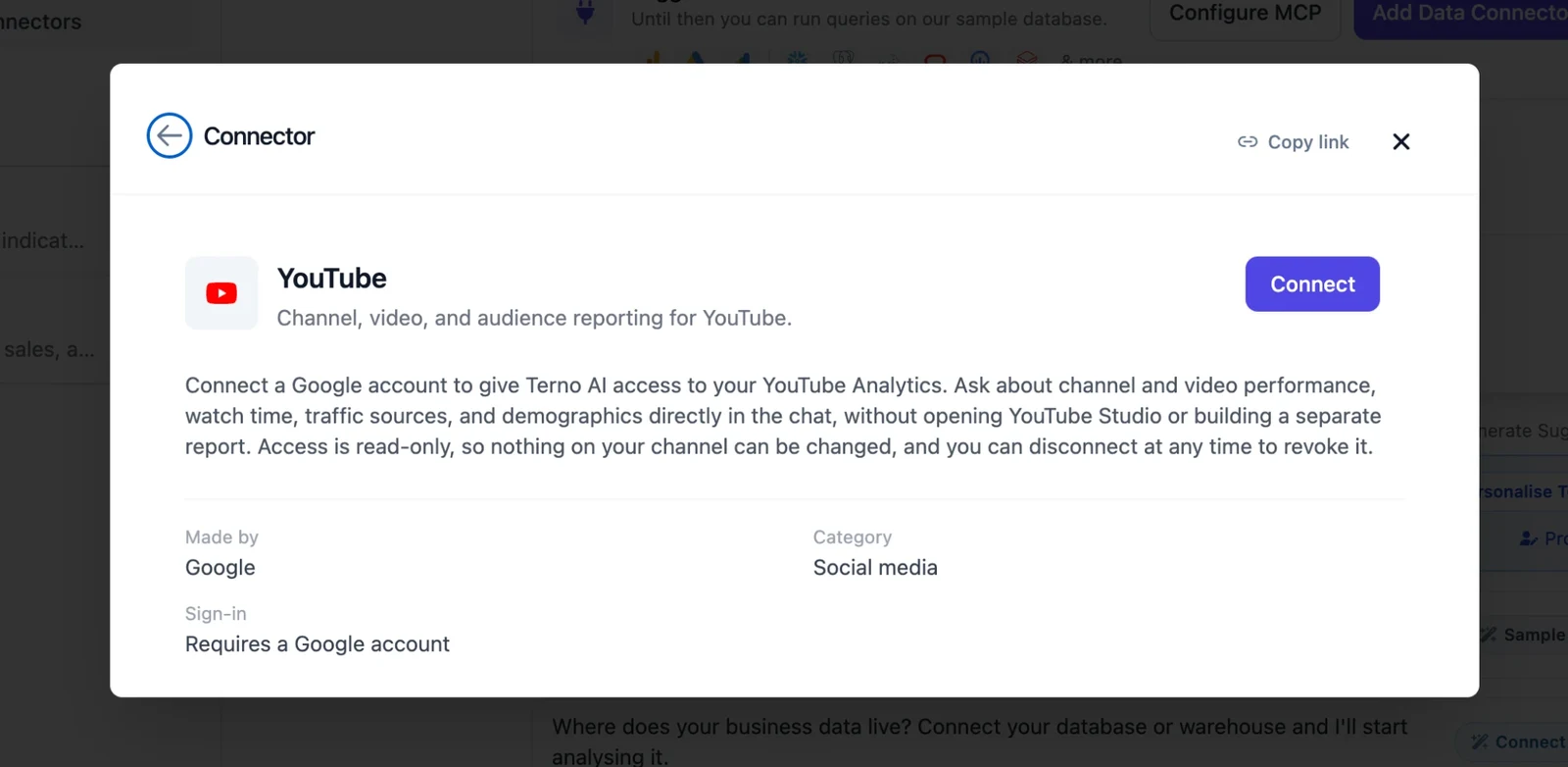 YouTube connector details with the Connect button