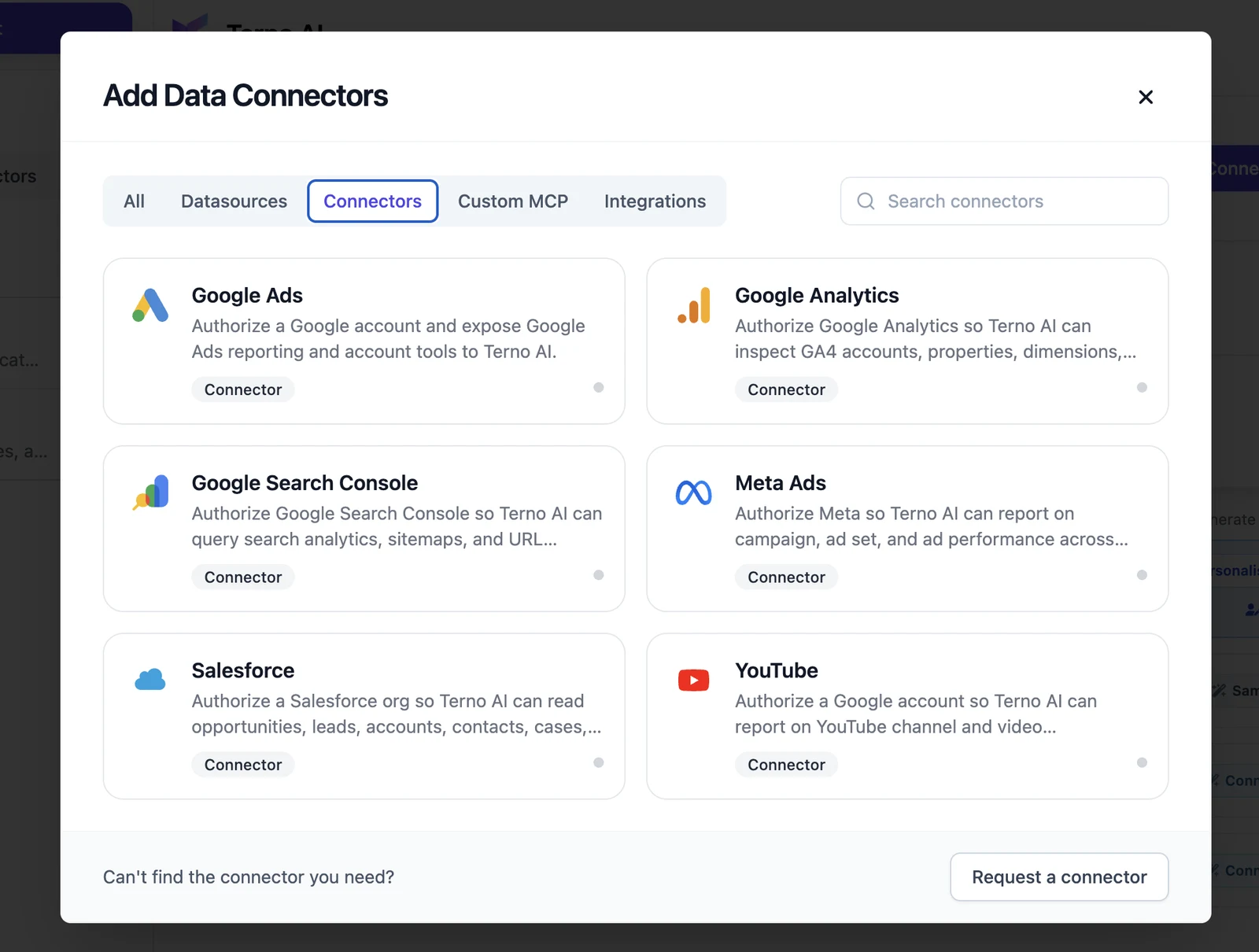 Connectors tab with Google Ads, Google Analytics, Google Search Console, Meta Ads, Salesforce and YouTube