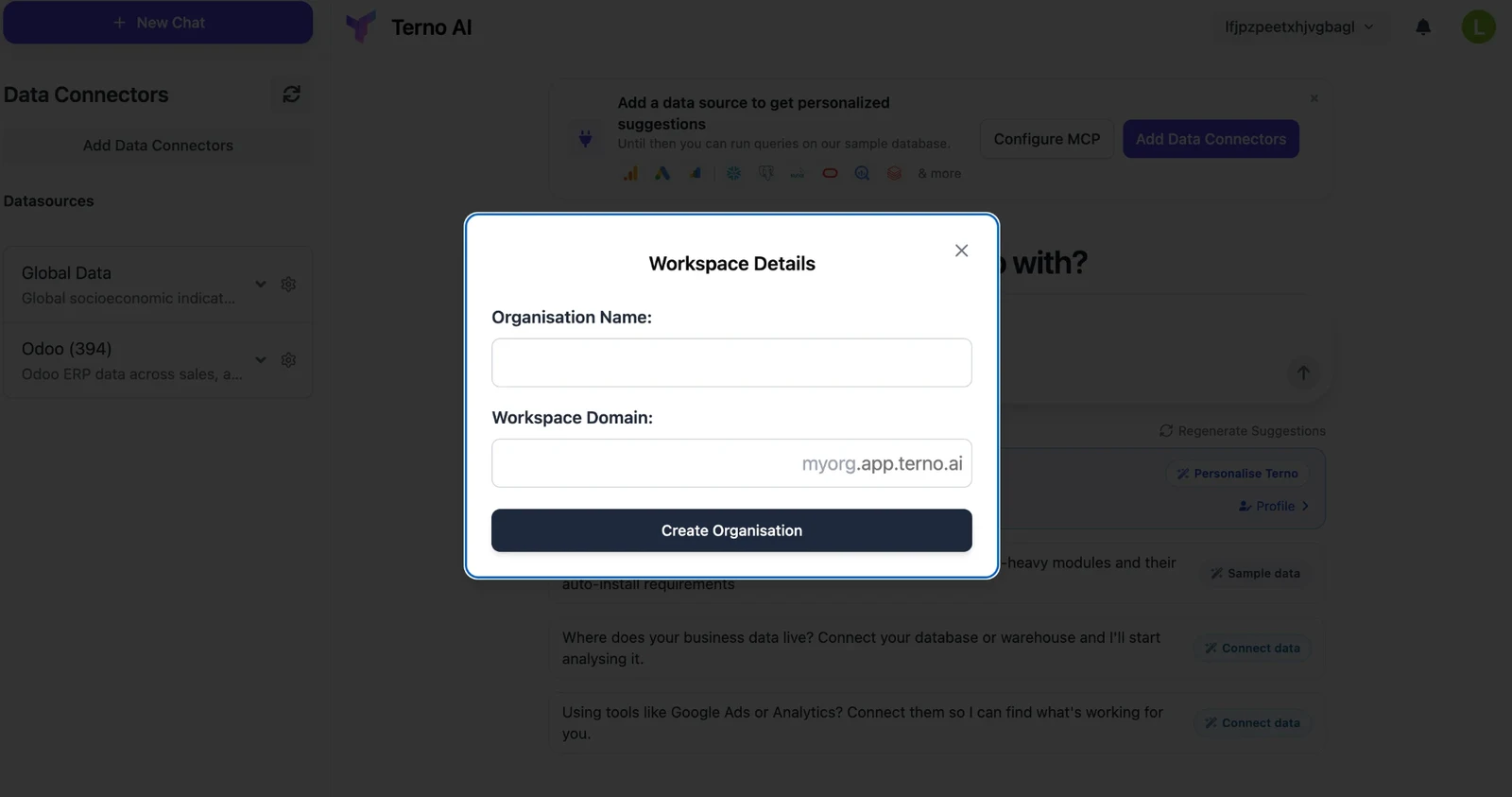 Workspace Details form with organisation name and workspace domain