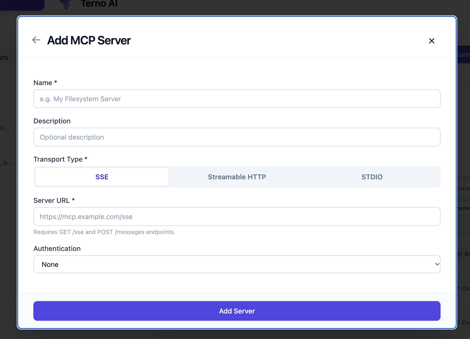 Add MCP Server form with name, transport type, server URL and authentication