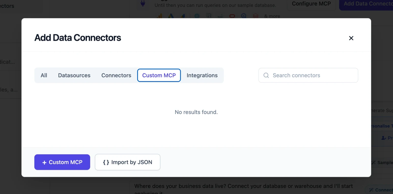 Custom MCP tab with + Custom MCP and Import by JSON buttons