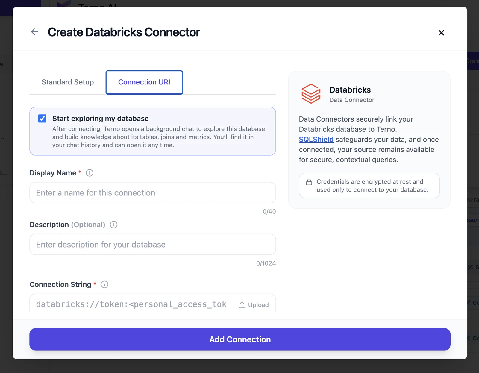 Create Databricks Connector form, Connection URI tab
