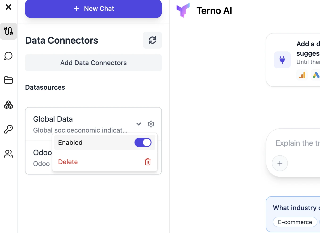Datasource settings menu with Enabled toggle and Delete