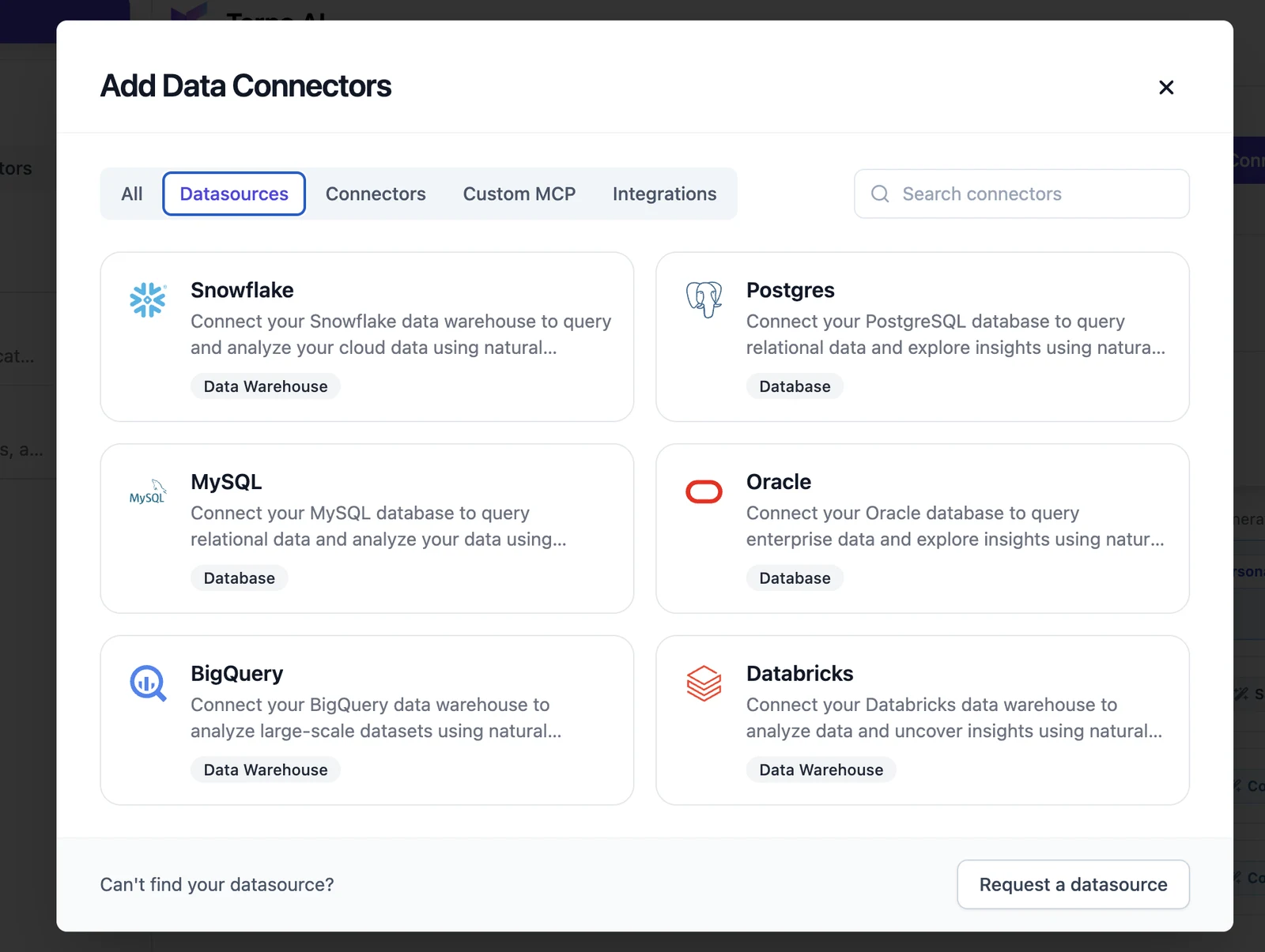 Datasources tab with Snowflake, Postgres, MySQL, Oracle, BigQuery and Databricks
