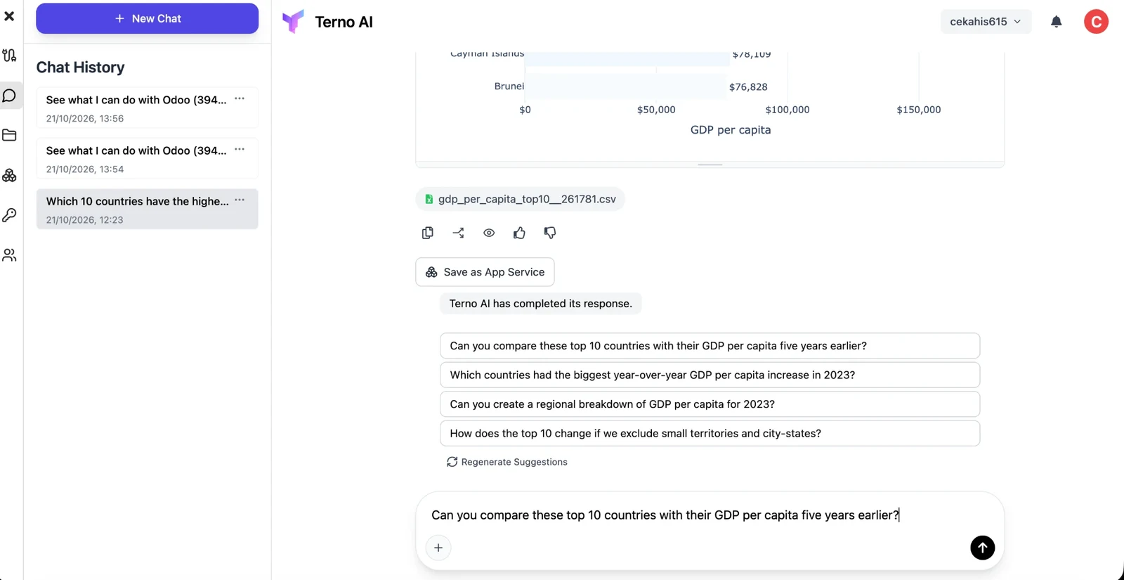 A suggested follow-up placed in the question box, ready to send