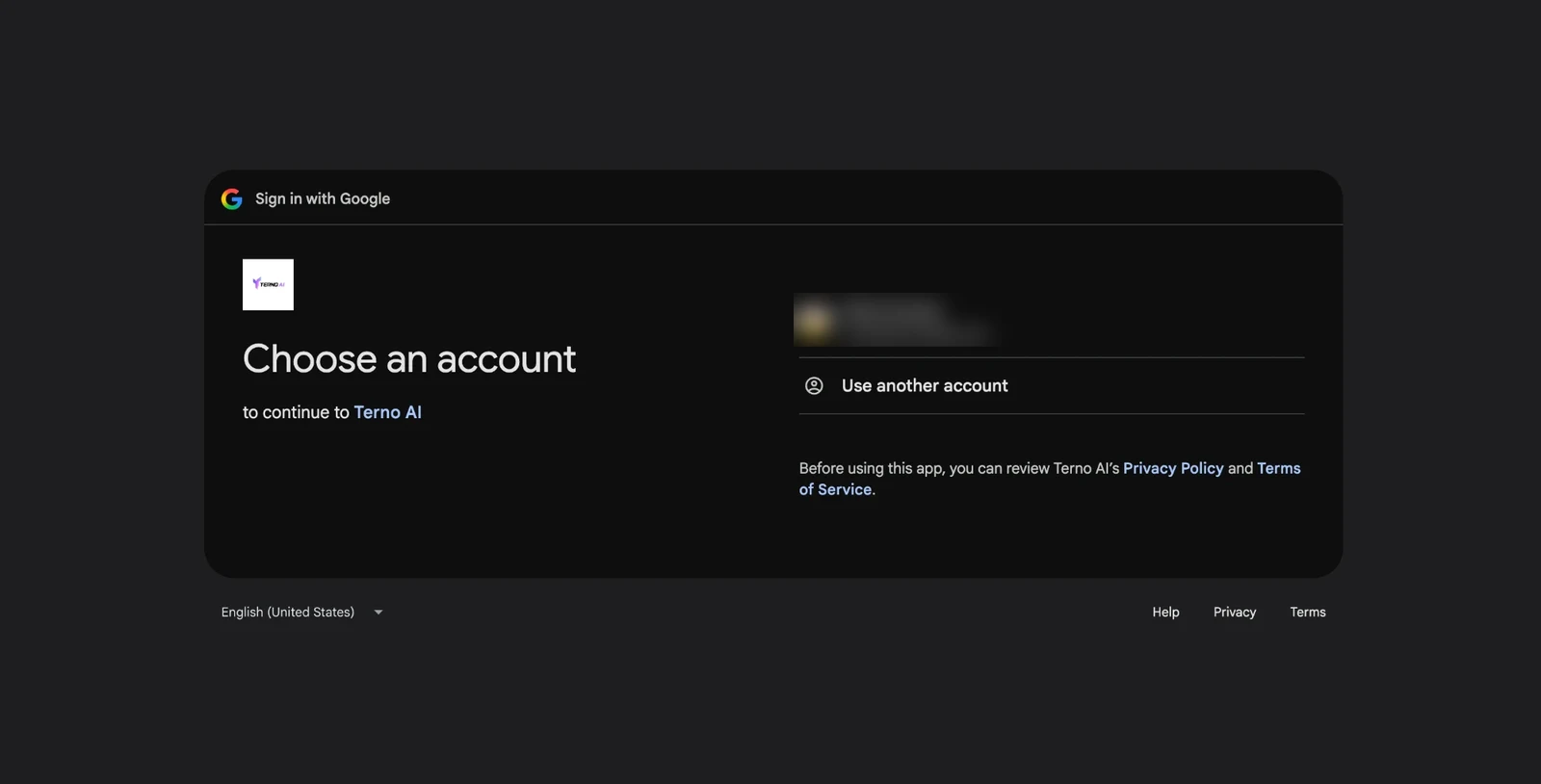 Google's Choose an account screen for Terno AI