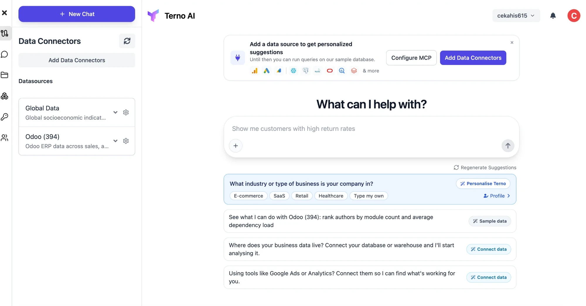 Terno home screen with the question box, suggestions, and sample datasources in the sidebar