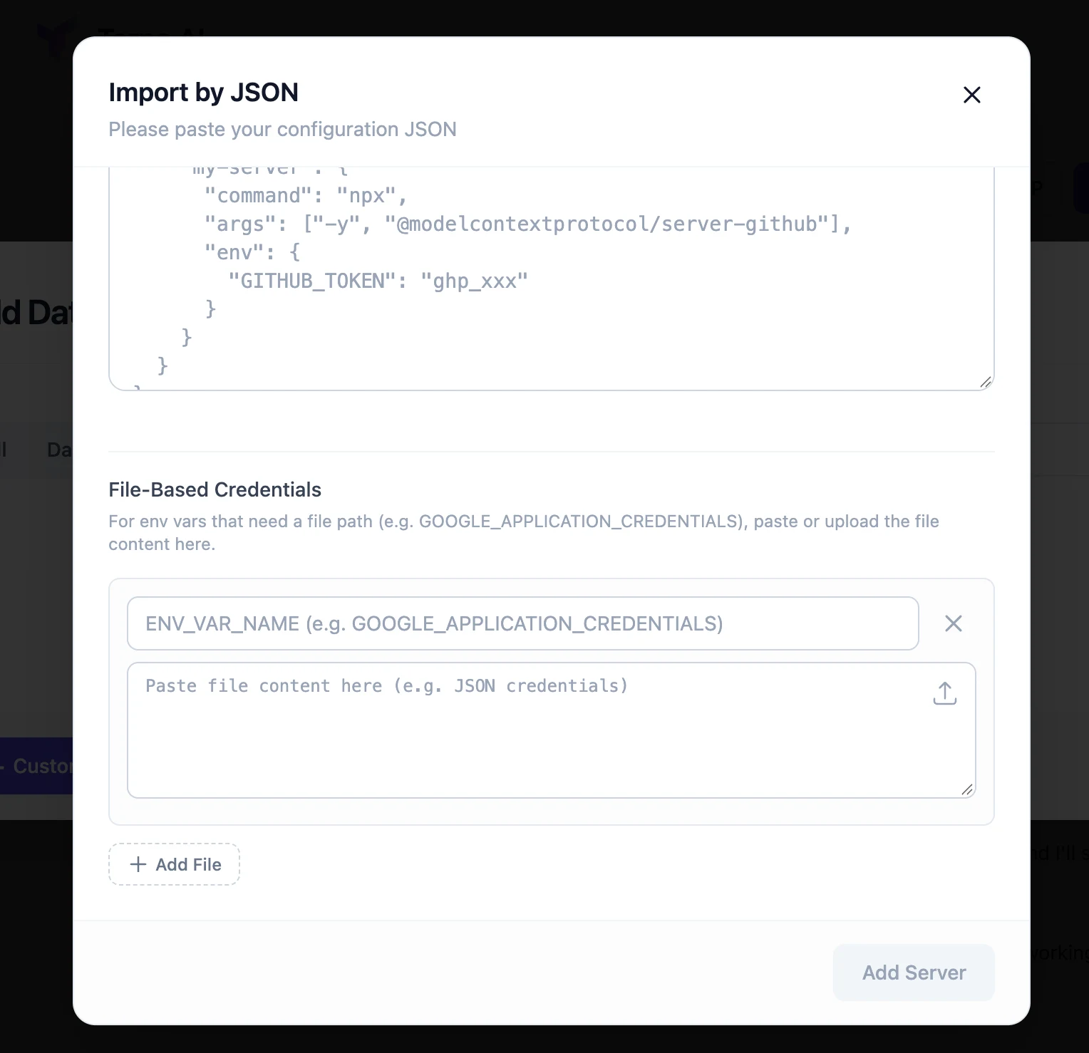 File-Based Credentials with a variable name field and a box for the file contents