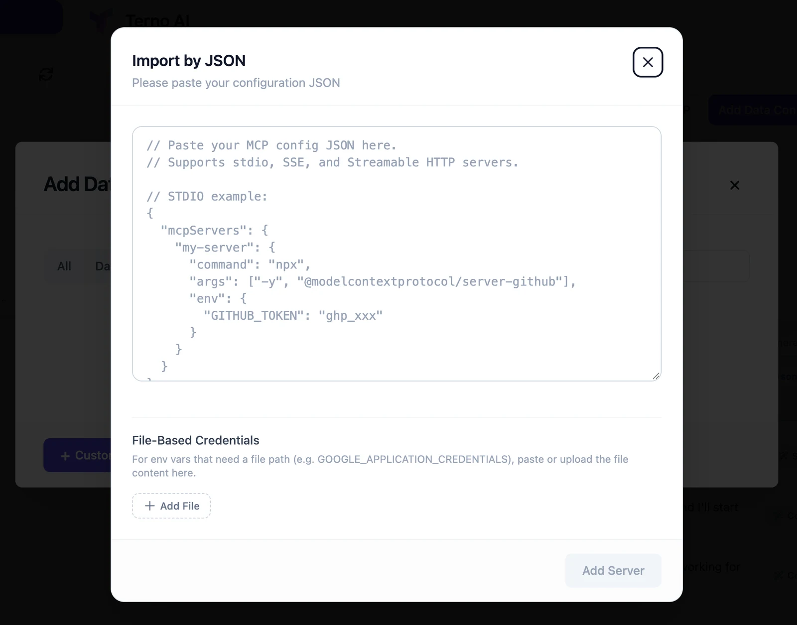 Import by JSON dialog with a config box and File-Based Credentials