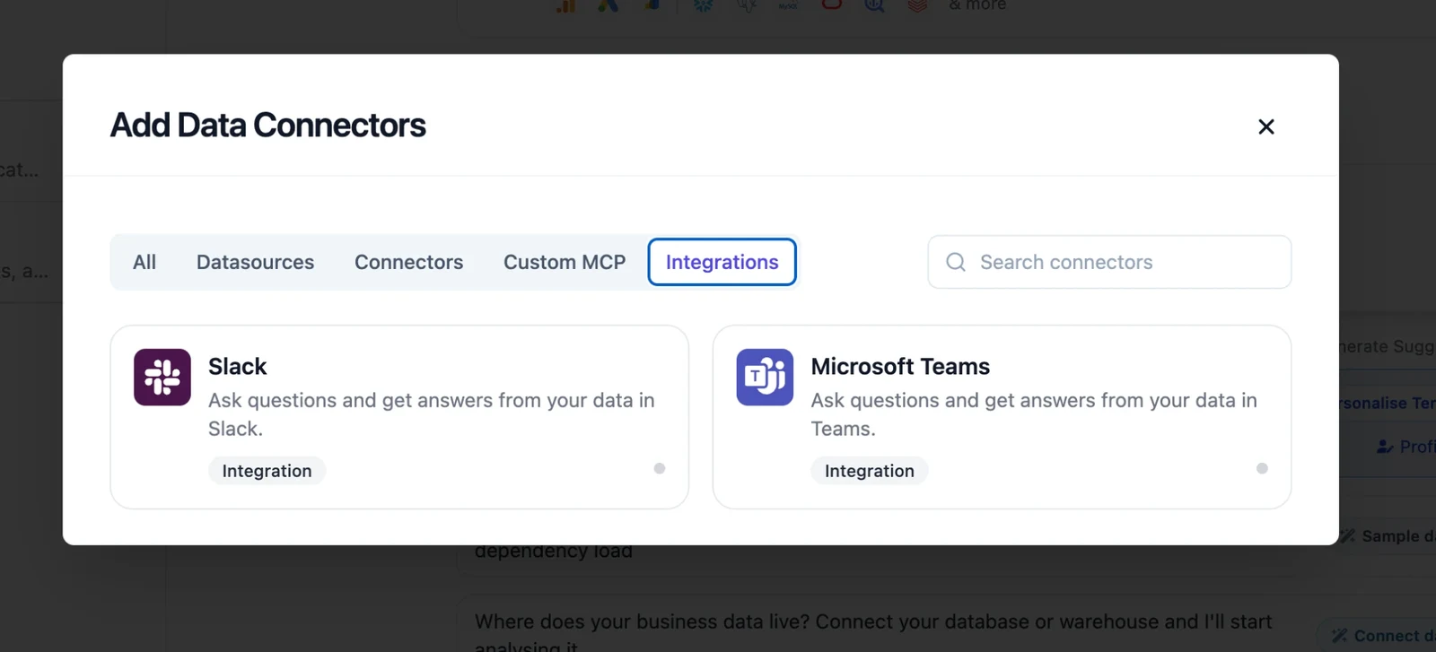 Integrations tab with Slack and Microsoft Teams