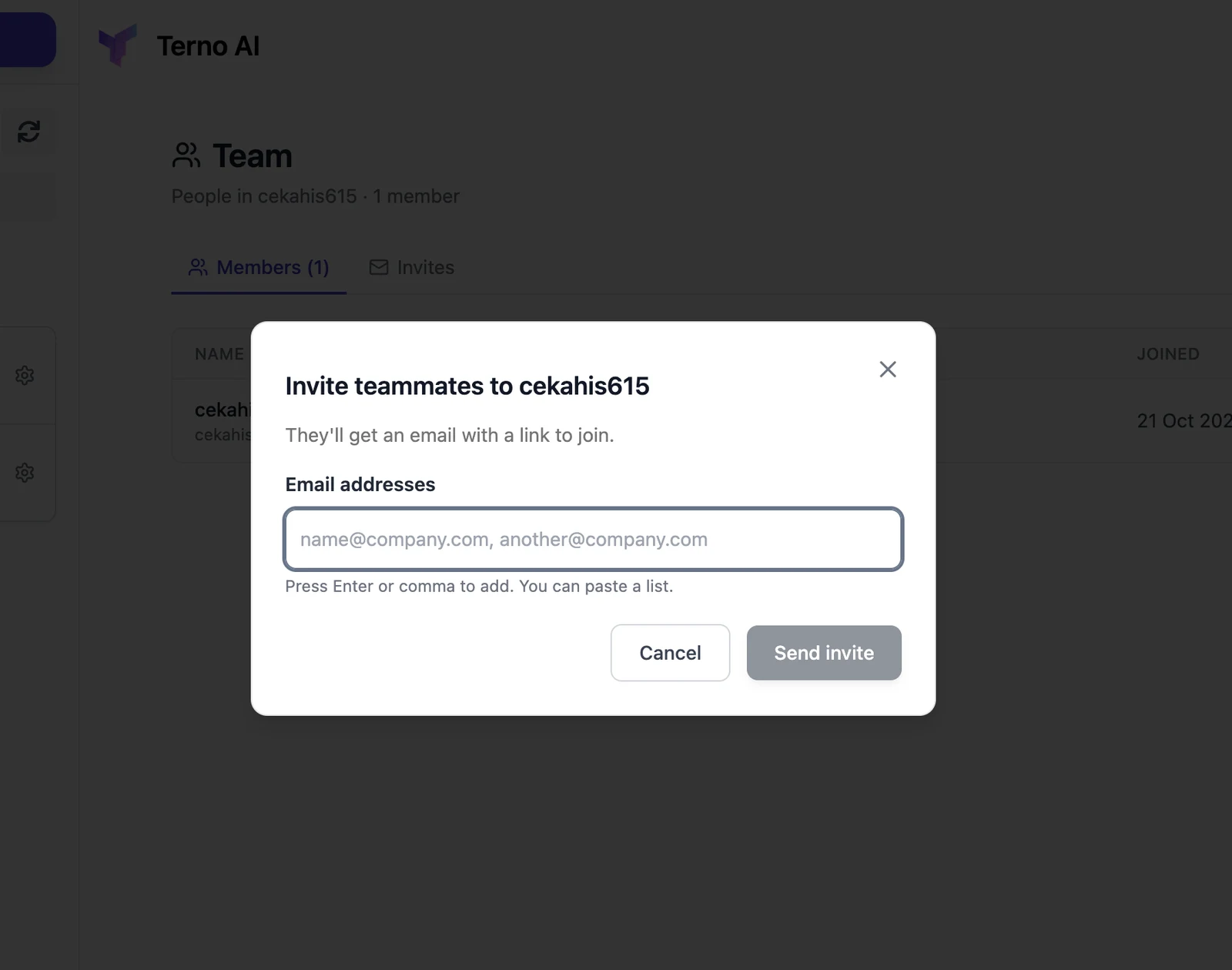 Invite teammates dialog with an email address field