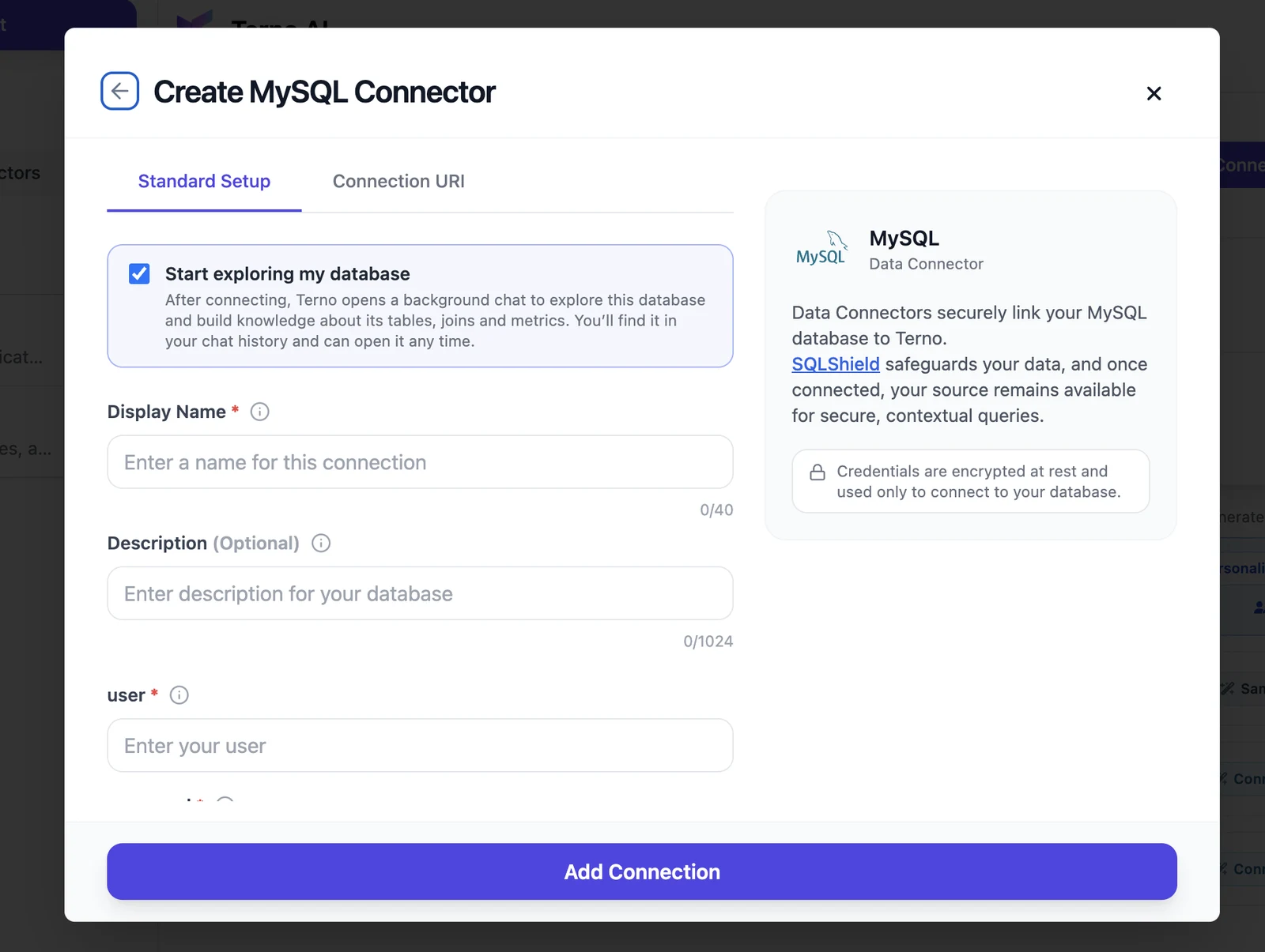Create MySQL Connector form, Standard Setup tab