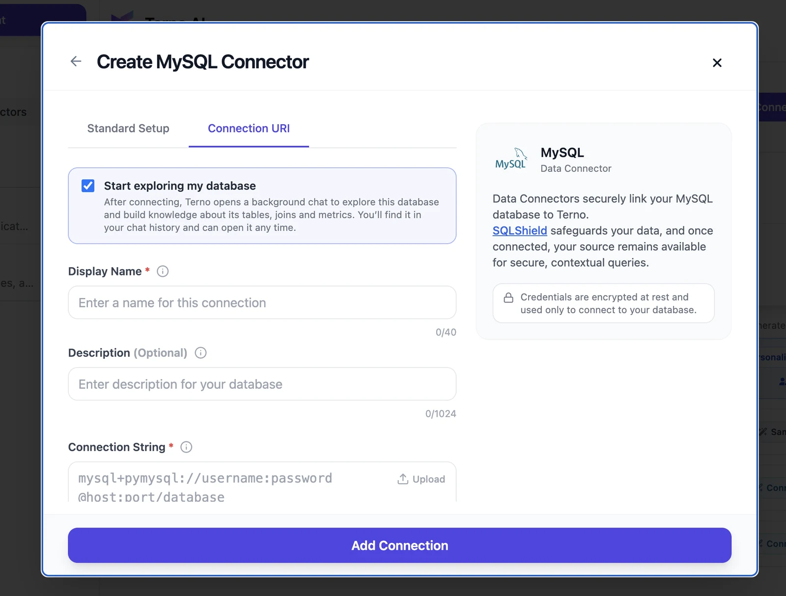 Create MySQL Connector form, Connection URI tab