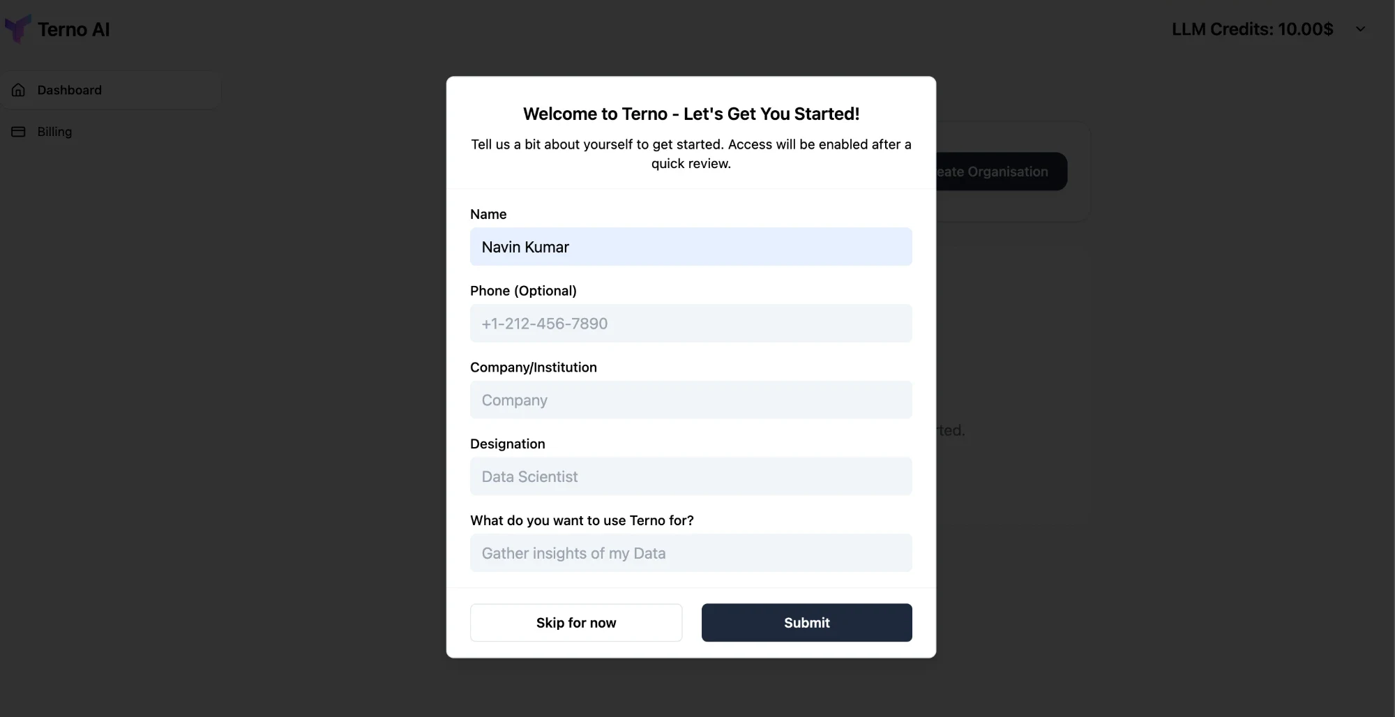 Welcome to Terno form with name, phone, company, designation and goal fields