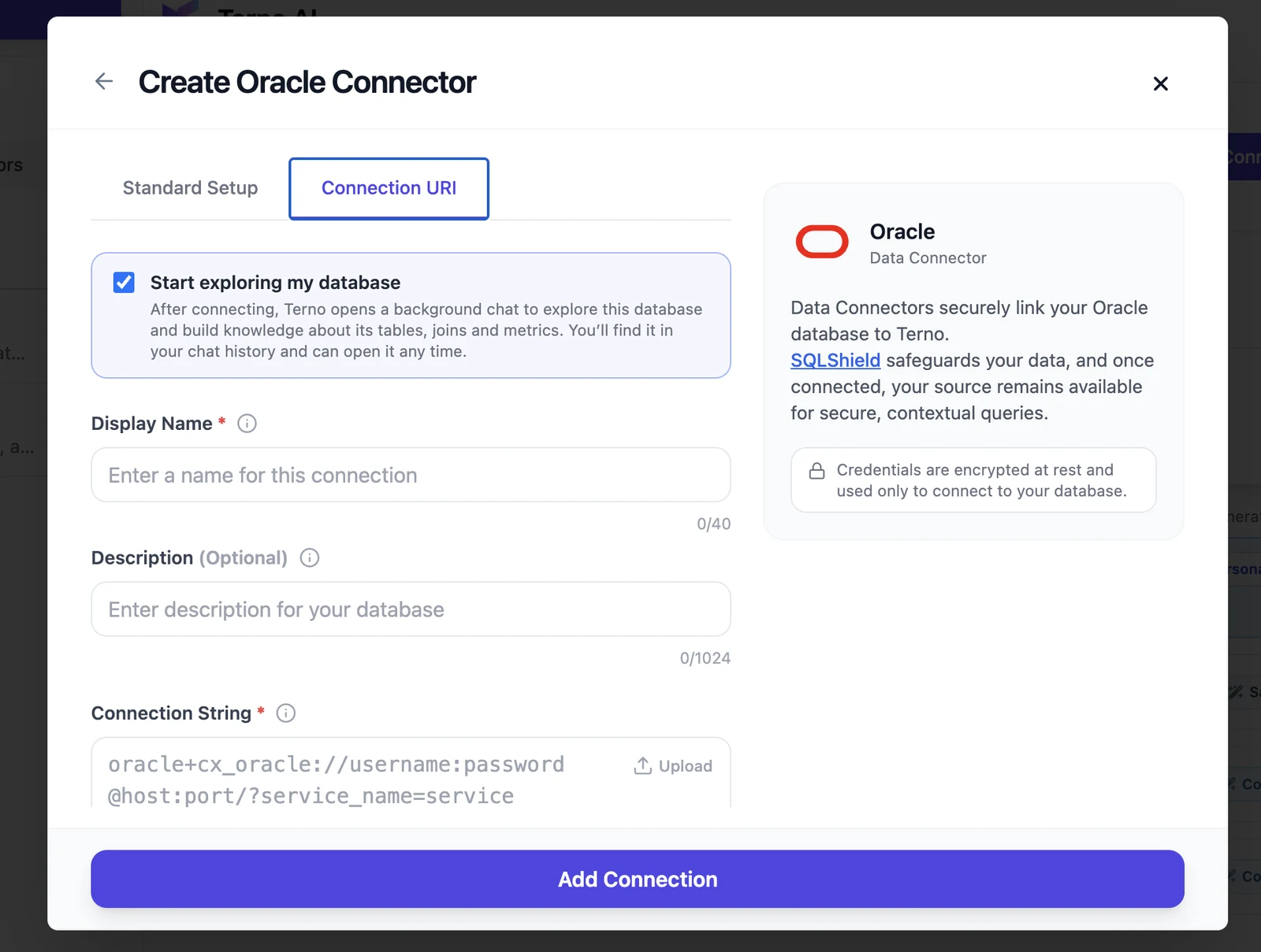 Create Oracle Connector form, Connection URI tab