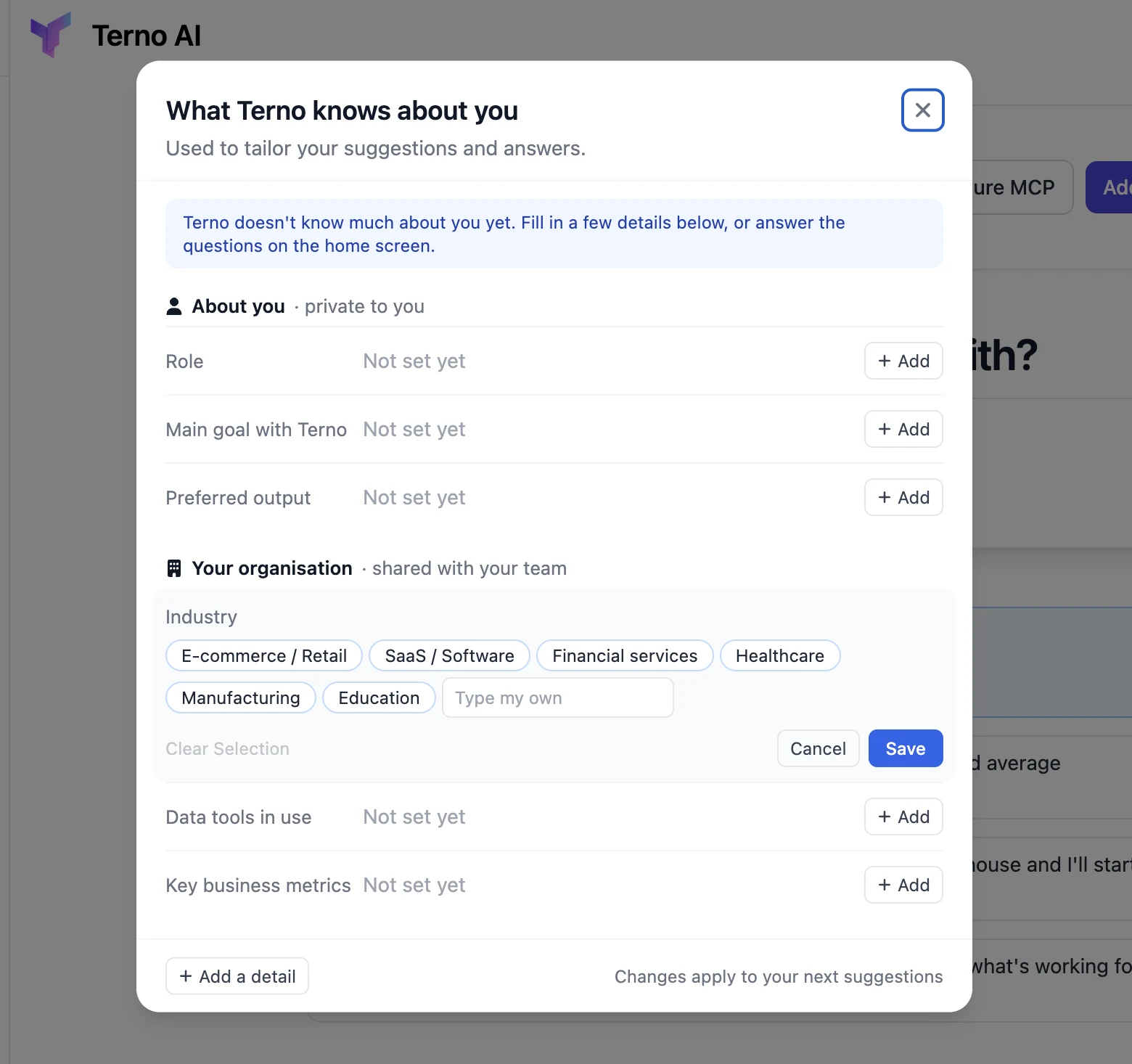 What Terno knows about you dialog with personal and organisation details