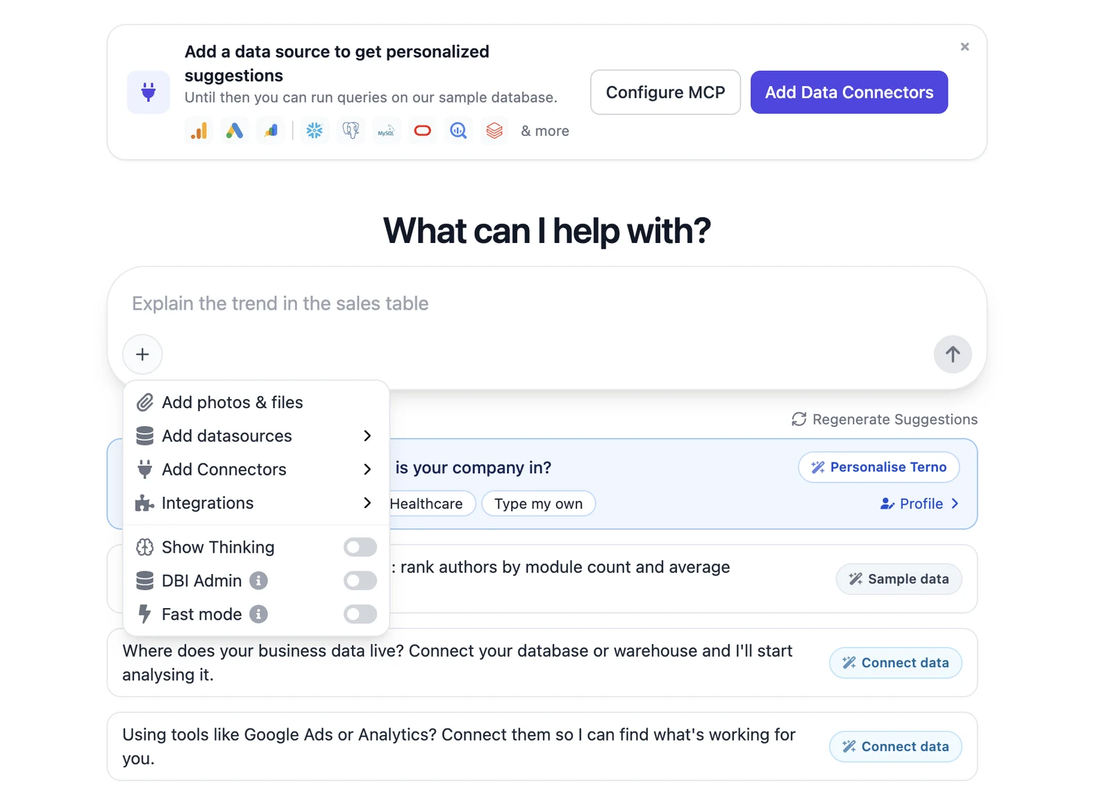 The + menu with attachments, datasources, connectors, integrations and toggles