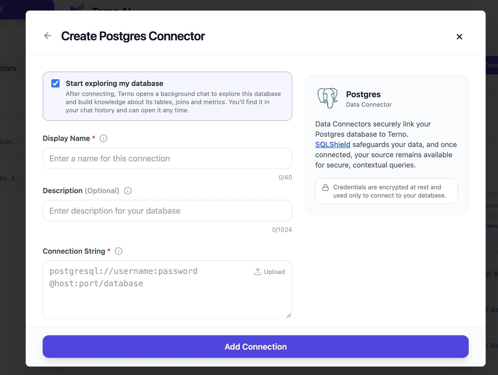 Create Postgres Connector form, Connection URI tab