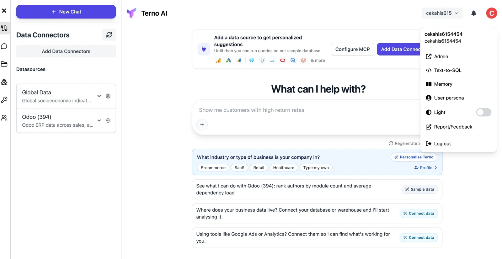 Profile menu with Admin, Text-to-SQL, Memory, User persona, theme, feedback and log out