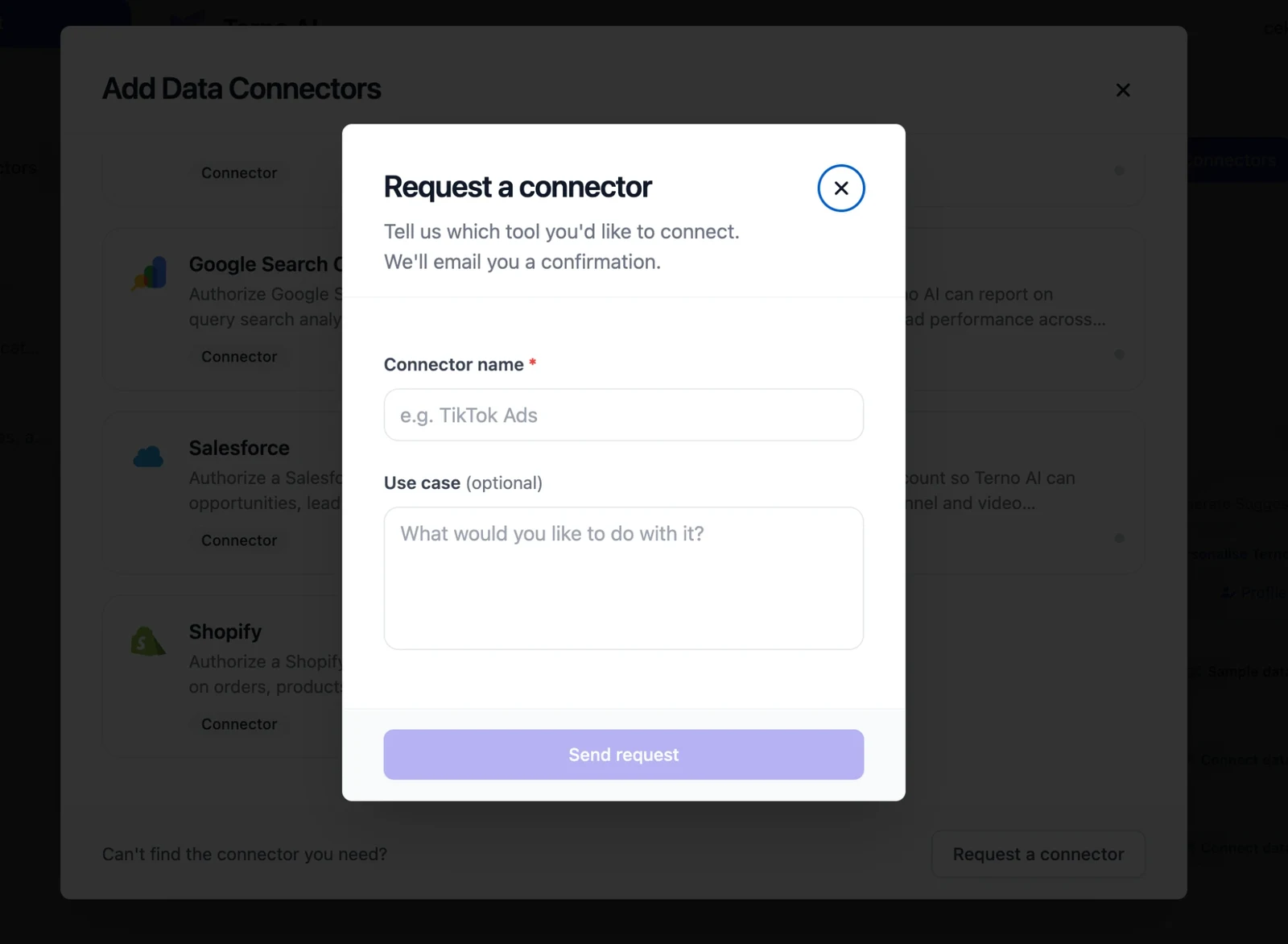 Request a connector form with connector name and use case