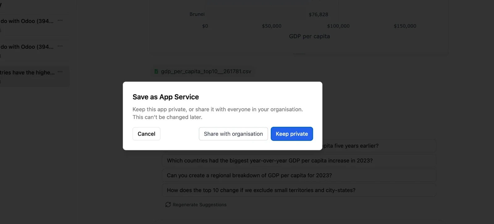 Save as App Service dialog with Cancel, Share with organisation and Keep private