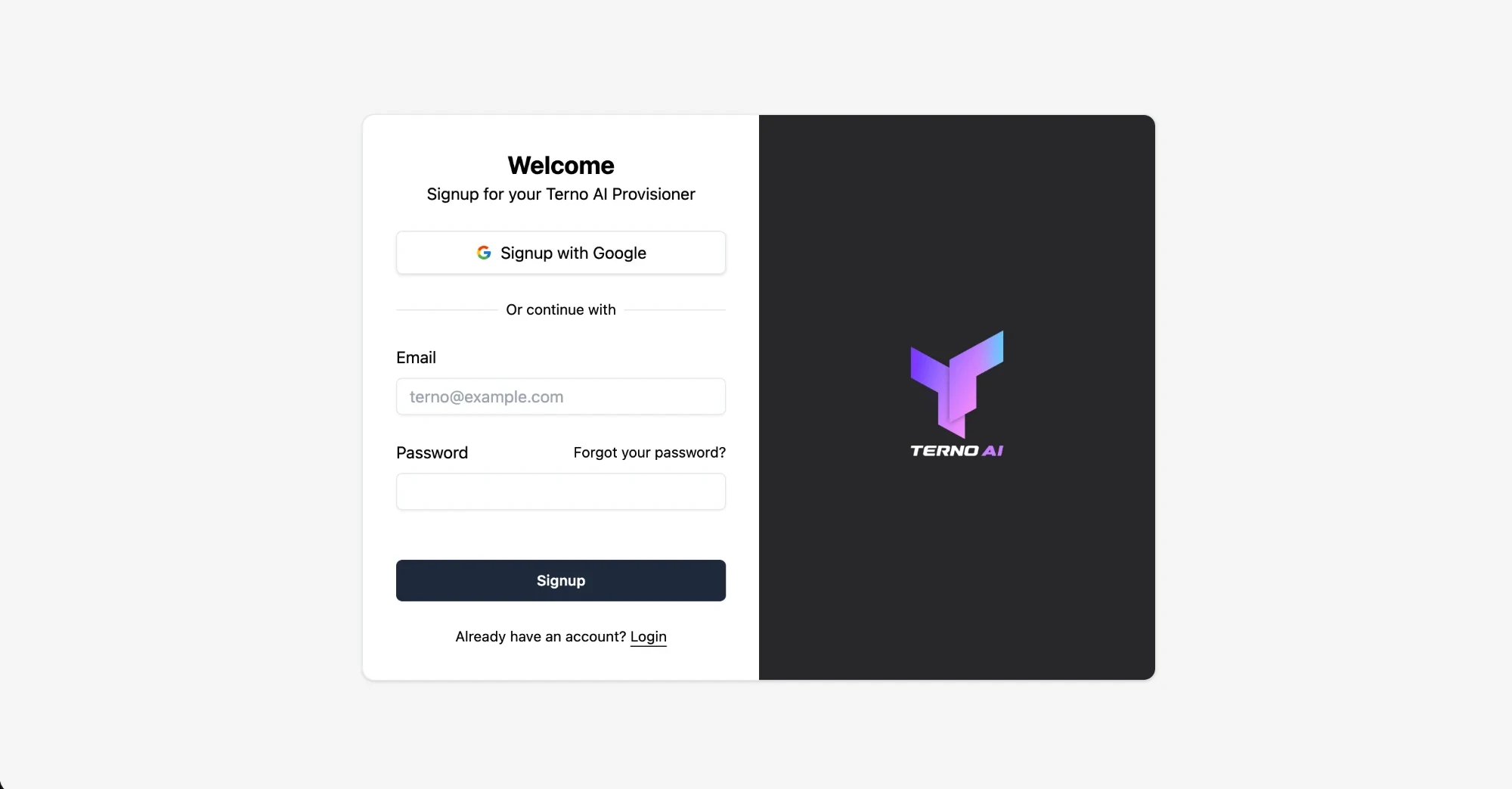 Terno AI sign-up page with Google sign-up, email and password fields