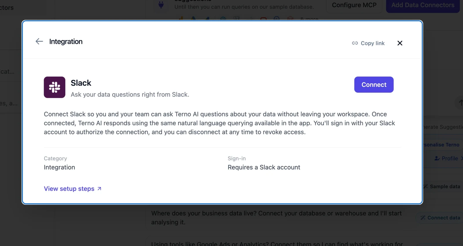 Slack integration details with the Connect button