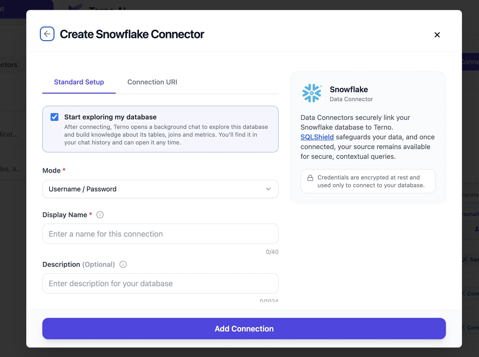 Create Snowflake Connector form, Standard Setup tab