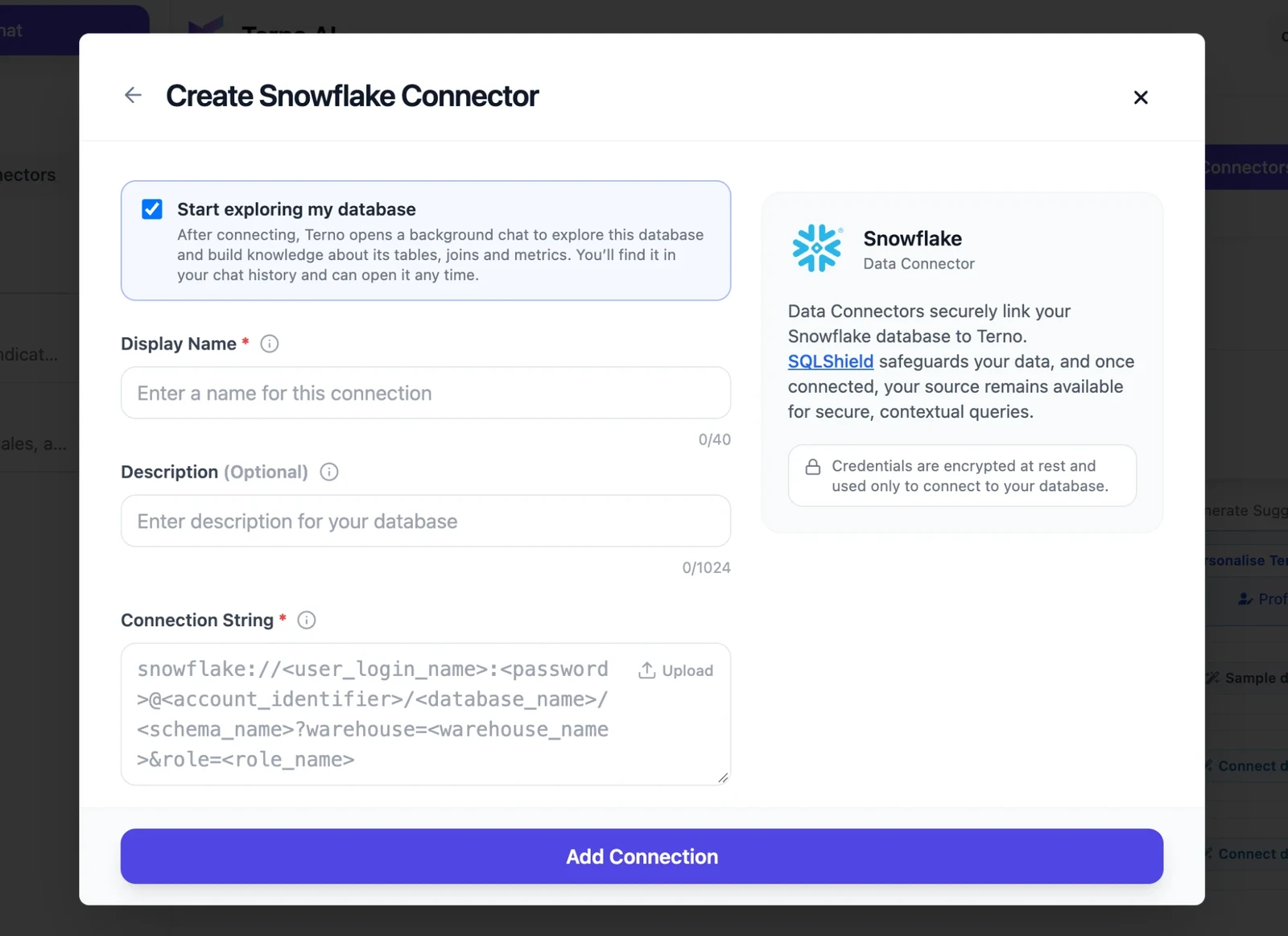Create Snowflake Connector form, Connection URI tab